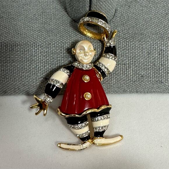 KJL by Kenneth Jay Lane Jewelry - Kenneth Jay Lane Vintage Clown Brooch Pin KJL Enamel Tipping Hat Tipsy Whimsical